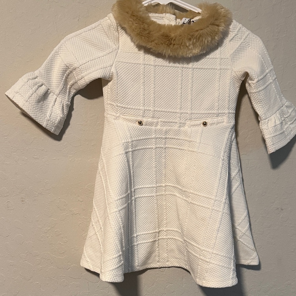 Janie and Jack Cream White Textured Dress with Faux Fur Collar size 4t - Picture 2 of 5